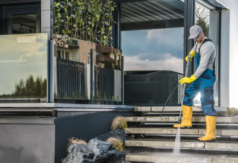 Handwerker mit Wasserwaage und Werkzeugkoffer im Stiegenhaus